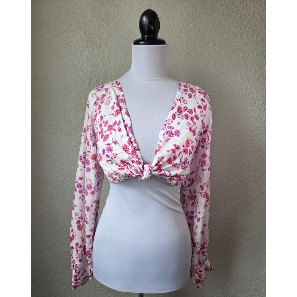 NWT Sky to Moon Pink Floral Knotted Top Small Swiss Dot Crop Blouse